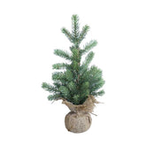 Élethű, "Real Touch" hatású levelű, 36 cm magas mesterséges dekorációs műfenyő jutazsákban.