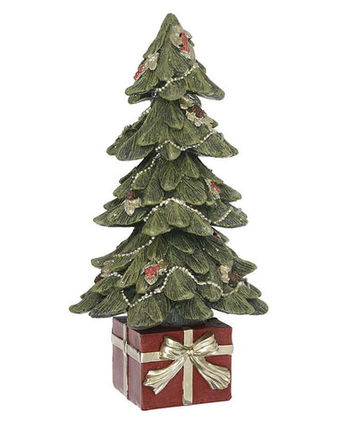 Bordószínű, aranyszínű masnival átkötött ajándékdobozon álló, 18 cm magas, dekorációs karácsonyfa.