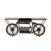 Korabeli versenymotor formájú, fa fedlapos antikolt fekete fém bortartós bárpult oldalnézete.