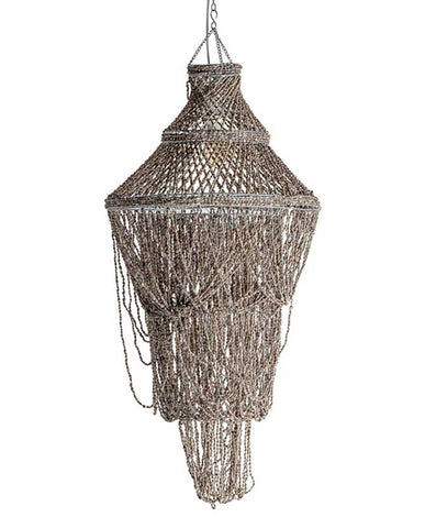 Prémium kategóriás, kortárs illetve törzsi stílusú, apró kagylókból készült exkluzív, 112 cm magas, kézműves függeszték lámpa