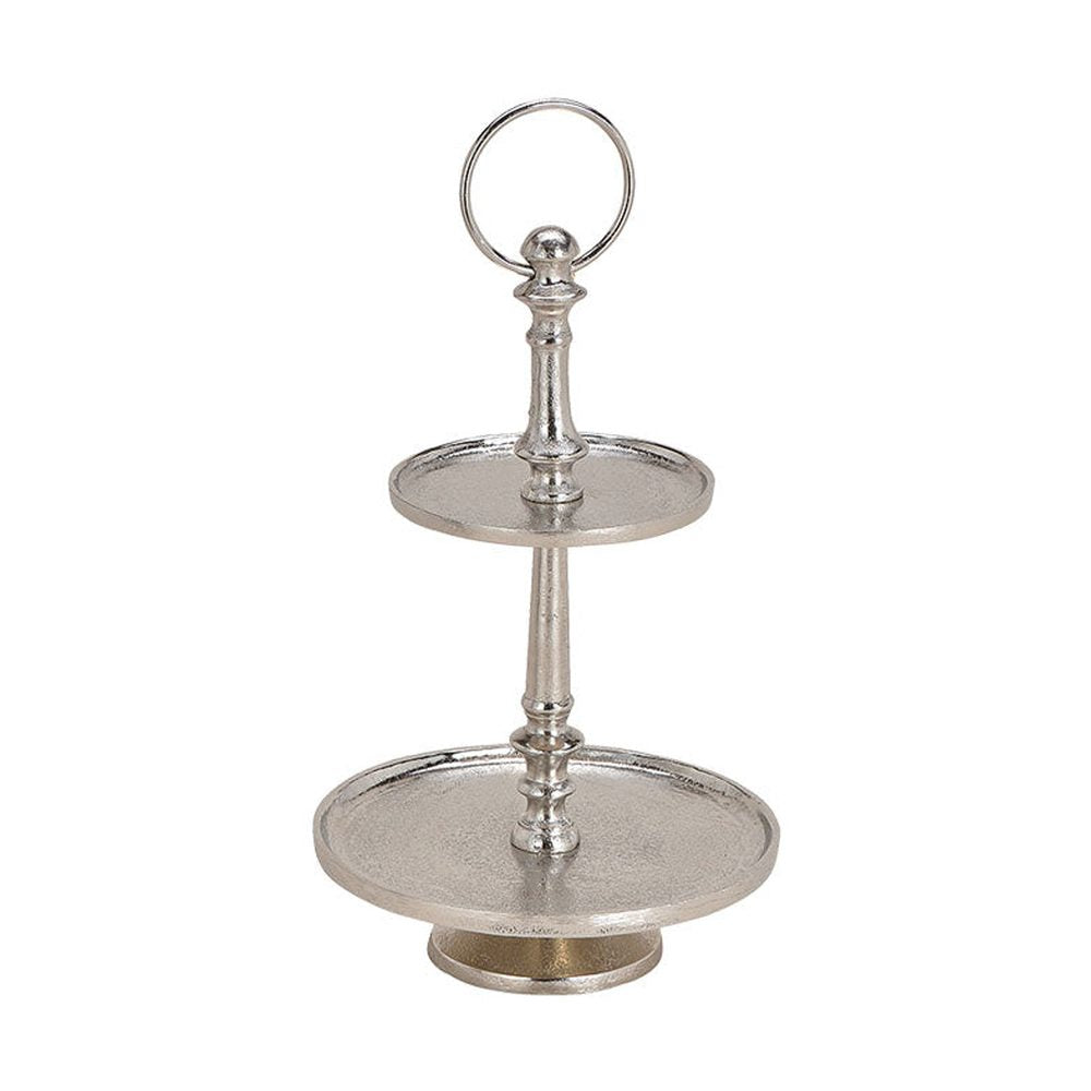 Kerek formájú, ezüst színű, 2 szintes fém kínáló állvány