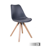 Skandináv stílusú, kagylóhéj formájú, natúr színű kaucsukfa, gumifa lábú, szürke színű műbőrrel teljesen kárpitozott műanyag étkezőszék