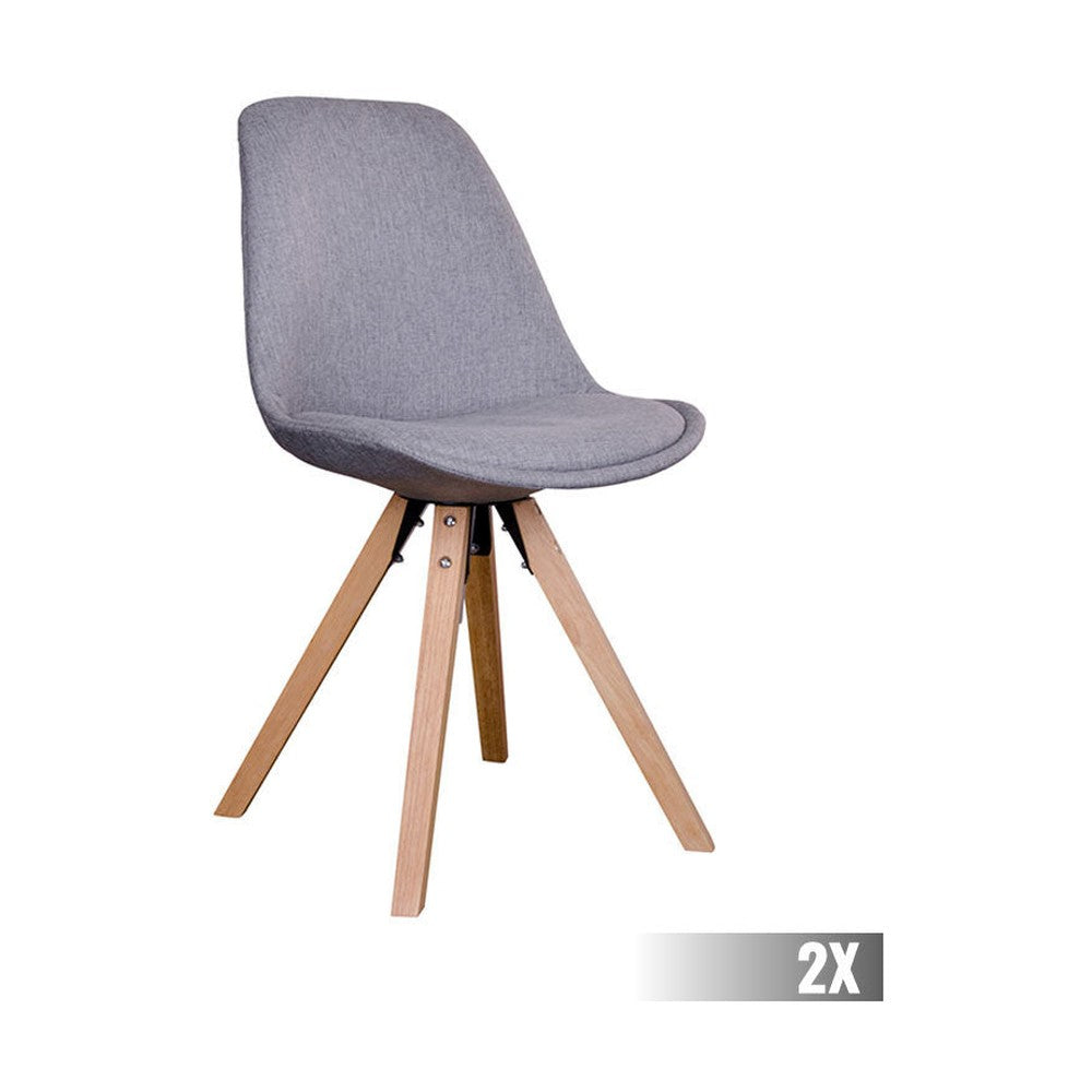 Skandináv stílusú, kagylóhéj formájú, világosszürke színű textillel kárpitozott étkezőszék, kaucsukfa lábakkal.