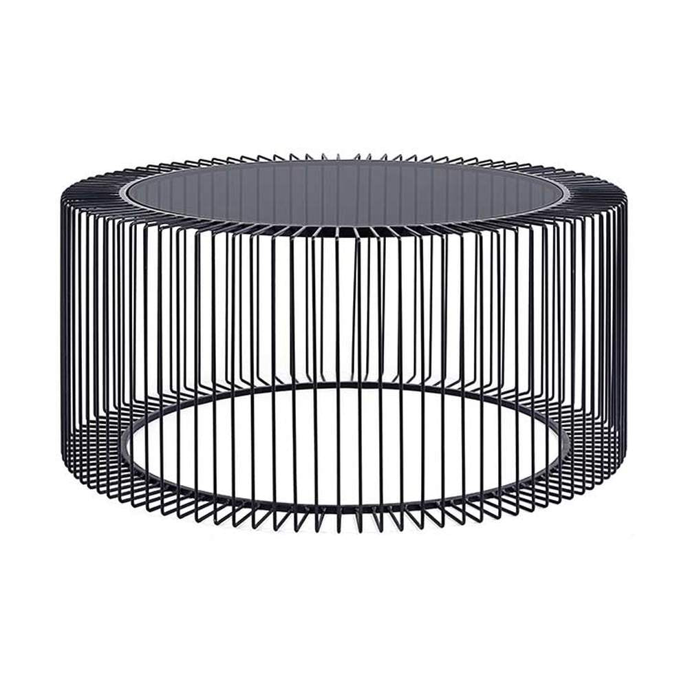 Porfestett, fekete színű acélból készült, sötét színű edzett üvegű, modern, kortárs stílusú kör alakú dohányzóasztal.