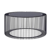 Porfestett, fekete színű acélból készült, sötét színű edzett üvegű, modern, kortárs stílusú kör alakú dohányzóasztal.