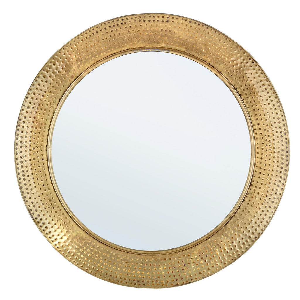 Antikolt felületű, arany színű, kör alakú fém tükör.