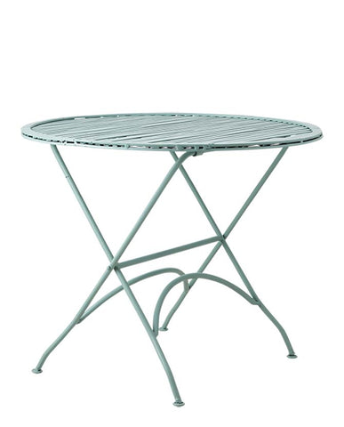 Retró stílusjegyeket használó, porfestett acélból készült, összecsukható, szeladon zöld színű, kortárs stílusú kézműves kerti kisasztal.