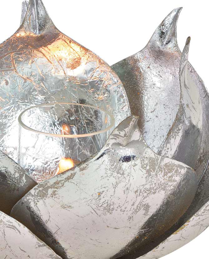 Oriental stílusú, lótuszvirág formájú, nagyméretű fém mécsestartó üvegbetéttel