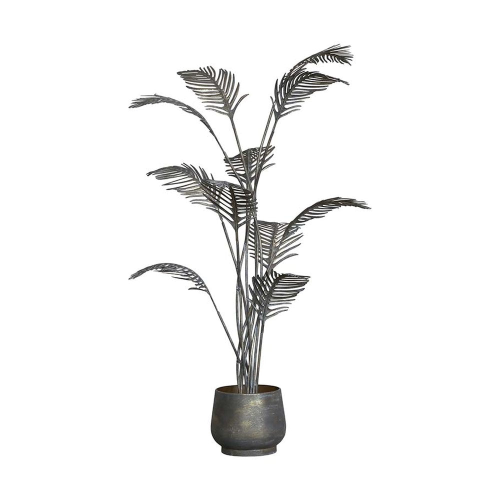 Antikolt felületű, sárgaréz színű fémből készült, kentia pálma dekoráció fém kaspóban.