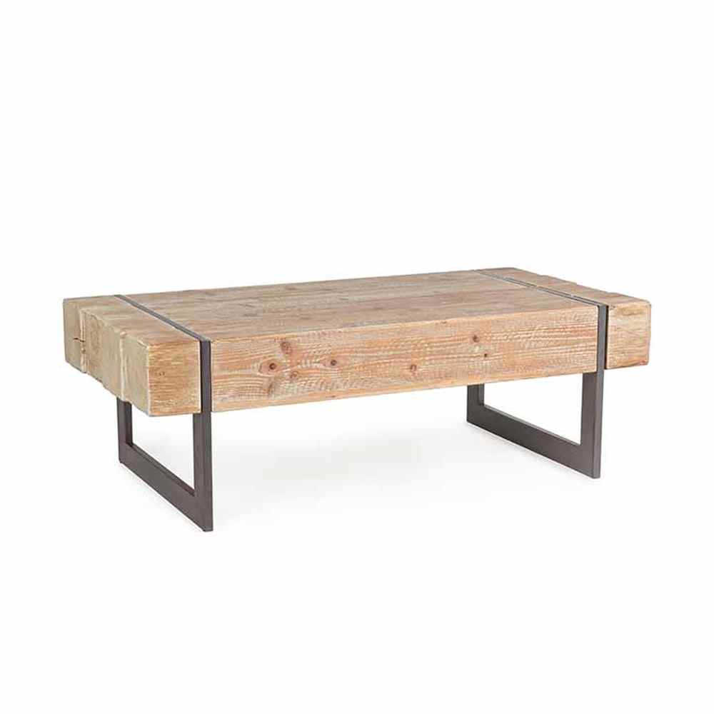 Skandináv stílusú, fenyőfából és fémből készült dohányzóasztal.