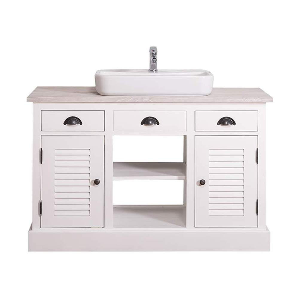 Fenyőfából készült polcos mosdószekrény 3 darab fiókkal, tölgyfalap fedlappal.