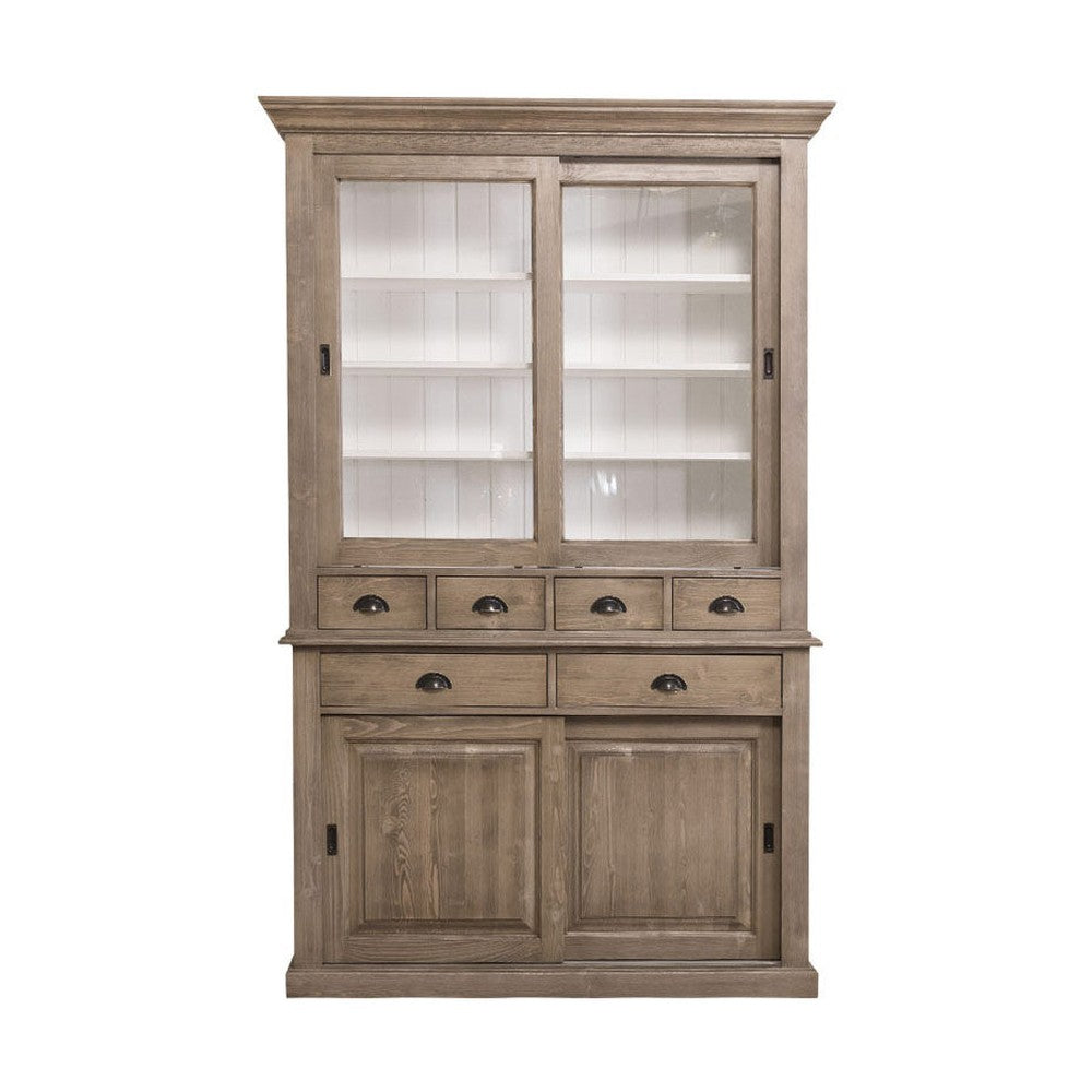 Tömör fenyőfából készült, 142 cm hosszú és 225 cm magas vitrines tálalószekrény