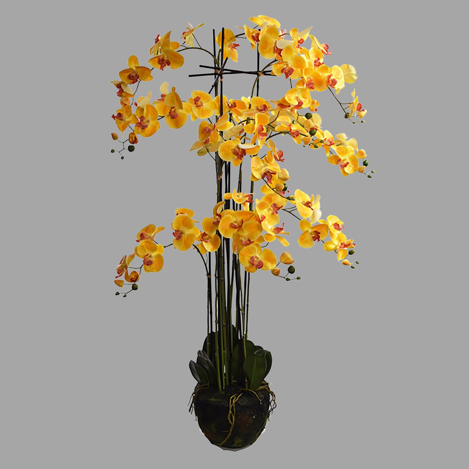 Sárga színű mű orchidea, mesterséges földlabdában.