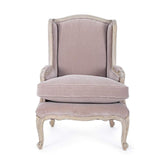 Koloniál stílusú, újrahasznosított mangófából készült púderrózsaszín fülesfotel.