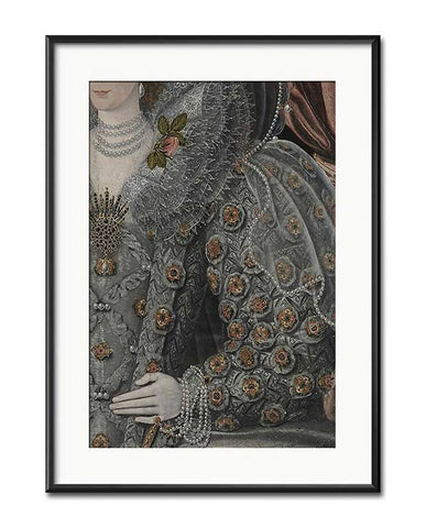 Keretezett, paszpartuval ellátott, üvegezett reneszánsz portré részlet I. Erzsébetről