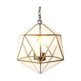 Modern, Art Deco stílusú, aranyszínű fémből és víztiszta üvegből készült, 35 cm átmérőjű, ikozaéder formájú, beltéri függesztek lámpa.