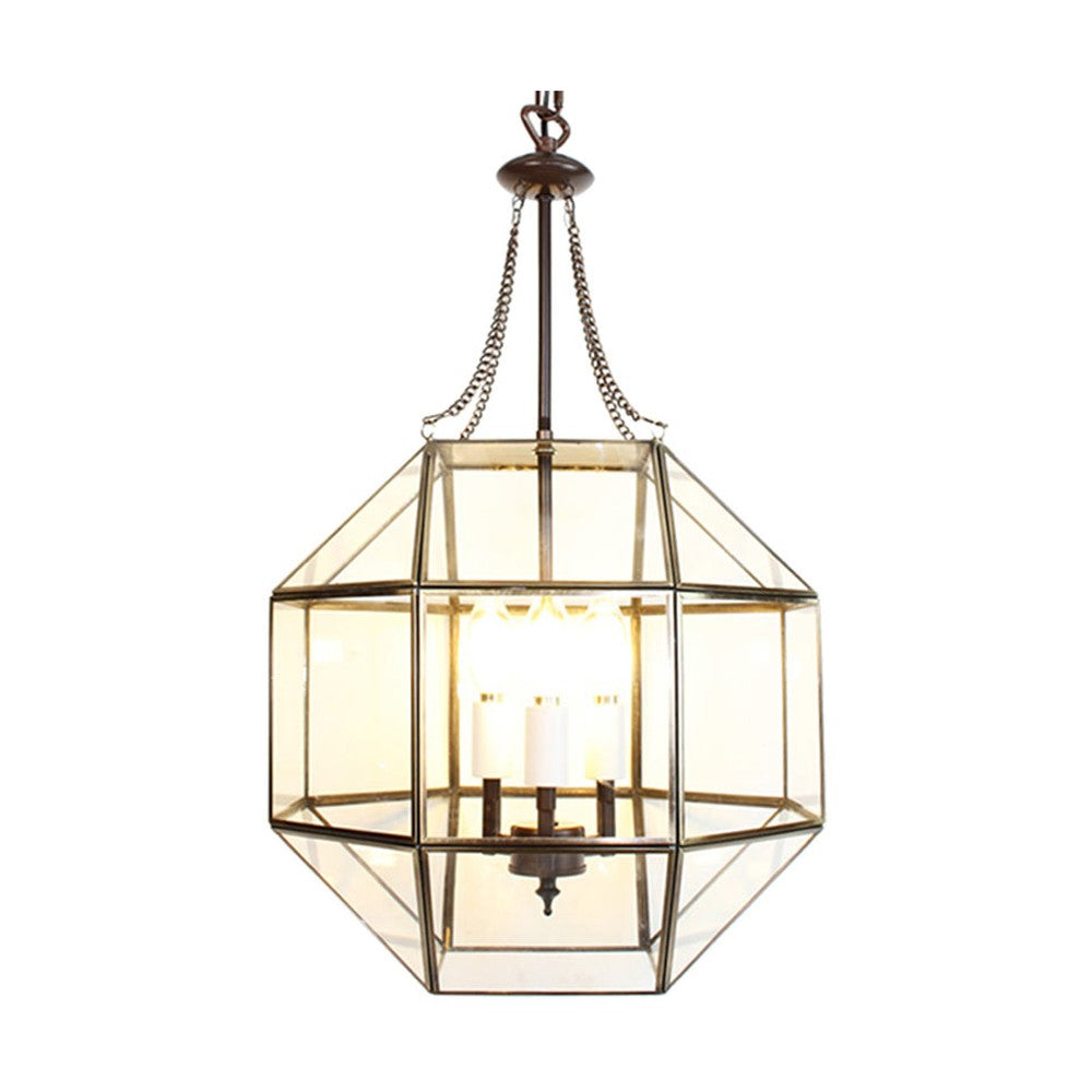Aranyszínű fémből és víztiszta üvegből készült, 40 cm átmérőjű, rombikuboktaéder formájú, beltéri függesztek lámpa.