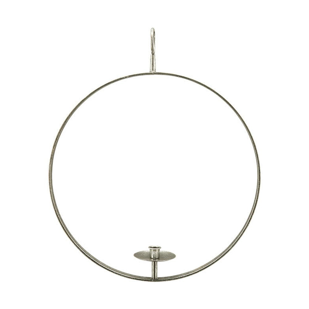 Modern, skandináv stílusú,, antikolt felületű, ezüst színű, fémből készült, függeszthető gyertyatartó karika.