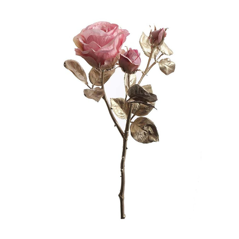 Glamour stílusú, élethű, exkluzív megjelenésű,, fényes, pezsgő színű szárú és levelű, pink színárnyalatú nyílt és bimbós virágfejű mesterséges rózsaág.