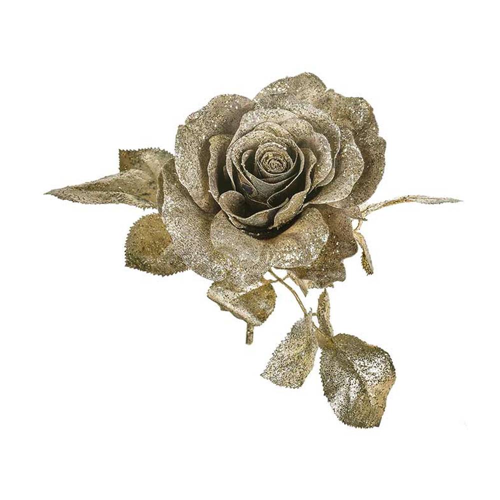 Glamour stílusú, exkluzív megjelenésű, 18 cm hosszú, glitteres, óarany színű mesterséges mű rózsa pick