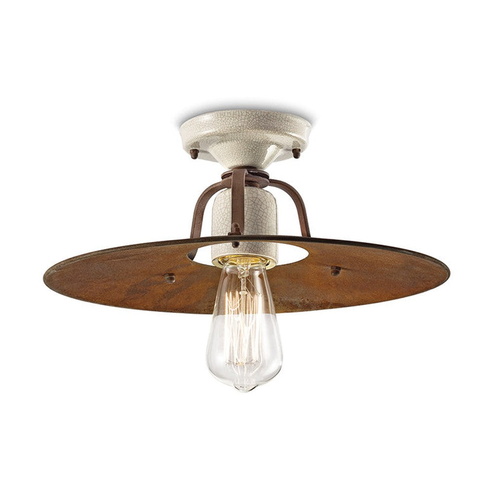 Rusztikus, vidéki stílusú, antikolt, repesztett felületű mázas kerámiából és rozsdás fémből készült, kézműves mennyezeti lámpa.