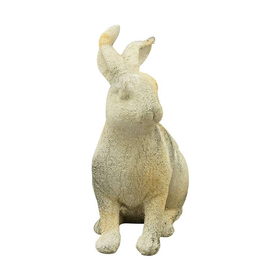 Rusztikus vidéki stílusú, 23 cm hosszú és 24 cm magas, antikolt felületű, krém színű húsvéti nyuszi figura.