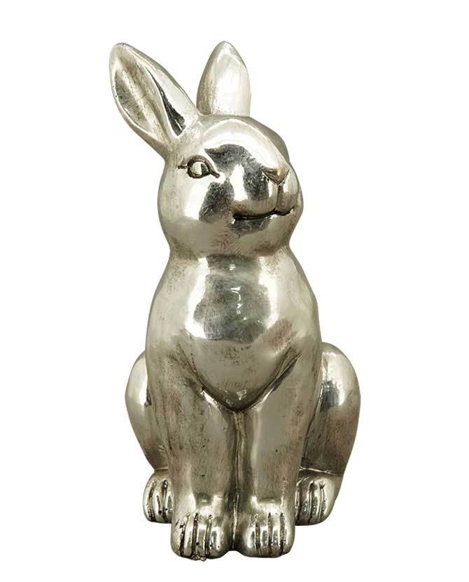 Nagyméretű, 35 cm magas, glamour stílusú, ezüst színű húsvéti nyuszi figura