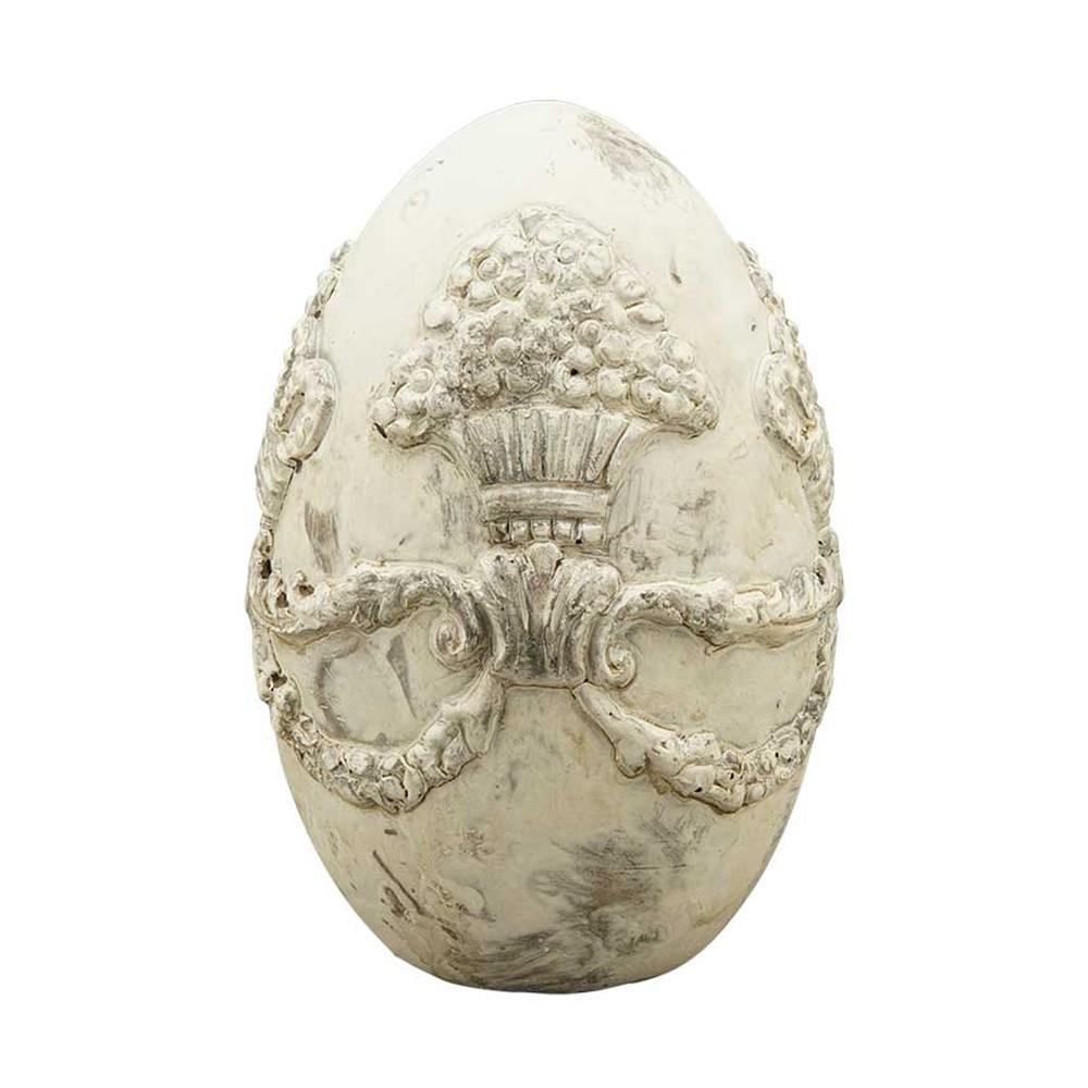 Vidéki vintage stílusú, patinás felületű, antik krém színű, dombormintákkal díszített 15 cm magas húsvéti tojás