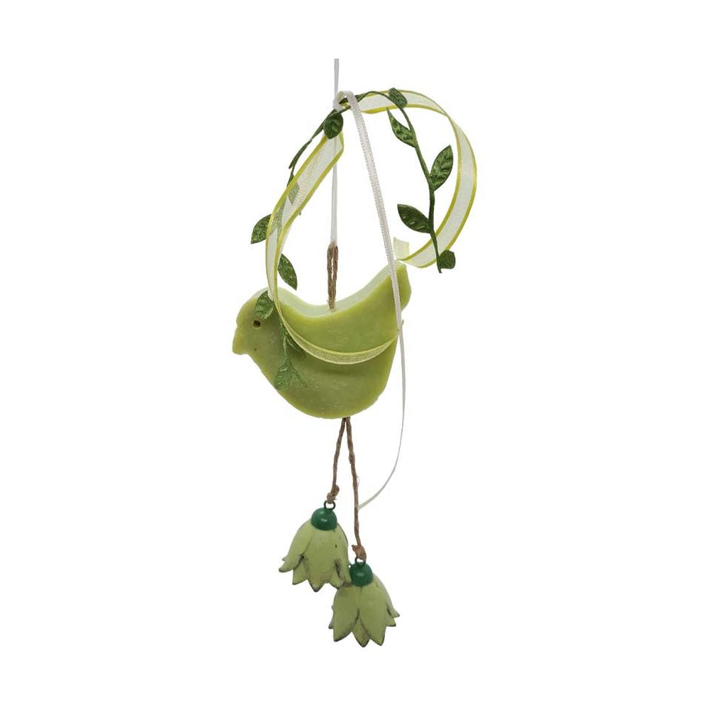 Prémium minőségű, függeszthető, 25 cm magas (+ akasztó), exkluzív megjelenésű, madár alakú, illatos kézműves szappan dekoráció, zöld színű fém tulipánokkal