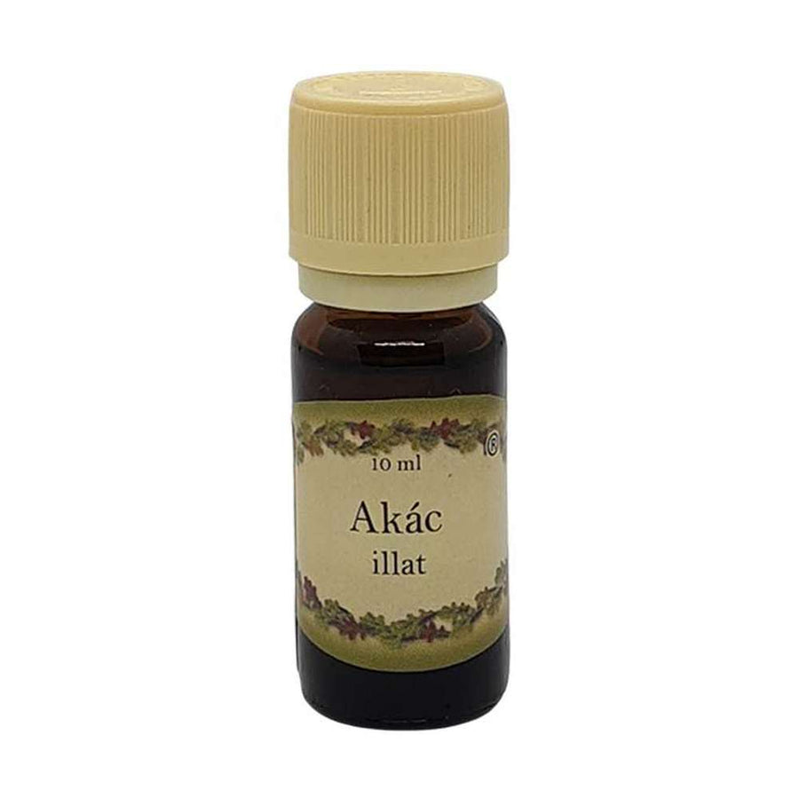 Akác illatú illóolaj 10 ml barna üvegcsében, bézs kupakkal – édes, mézes, virágos aromaterápiás olaj.