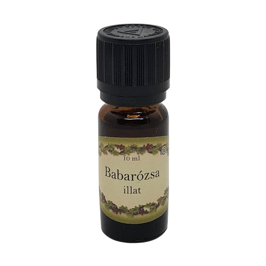 Babarózsa illóolaj 10 ml-es barna üvegcsében, fekete kupakkal, enyhén édes, virágos aromával, párologtatásra.