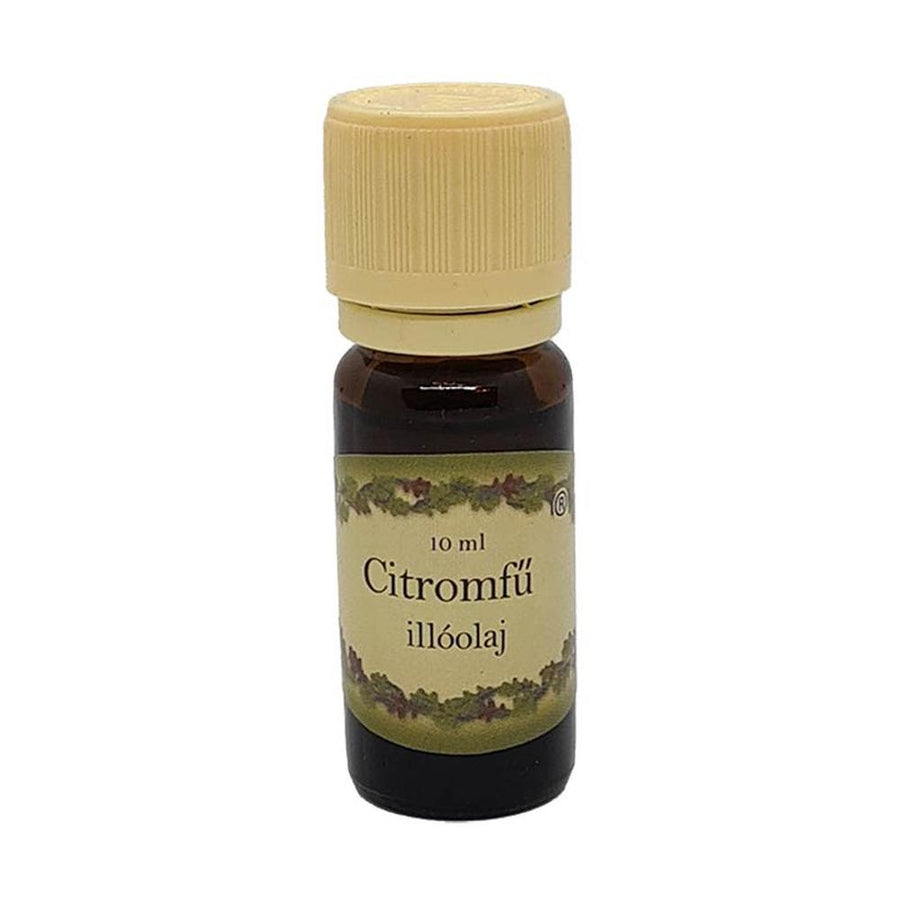Citromfű illatú illóolaj 10 ml barna üvegcsében, bézs kupakkal – citrusos, friss, nyugtató aromaterápiás olaj.