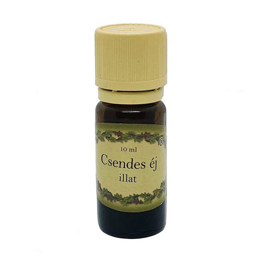 Csendes éj illatú illóolaj 10 ml-es barna üvegben, krémszínű kupakkal – fahéjas-narancsos, meghitt ünnepi aroma párologtatáshoz.