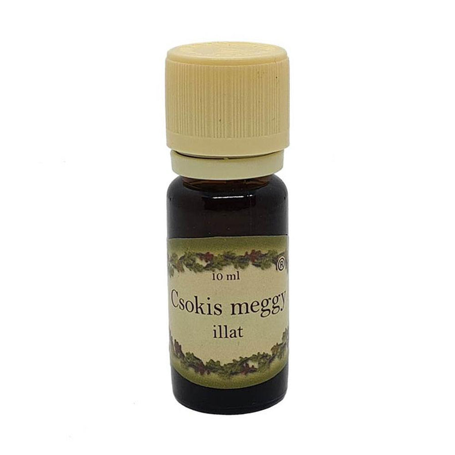 Csokis meggy illóolaj 10 ml-es barna üvegcsében, krémszínű kupakkal, édes és gyümölcsös aromával, párologtatásra.