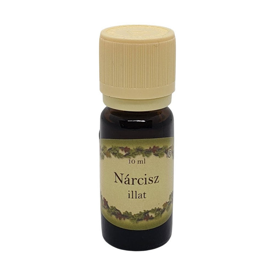 Nárcisz illatú illóolaj 10 ml-es barna üvegcsében, bézs kupakkal – elegáns tavaszi virágillat párologtatáshoz.