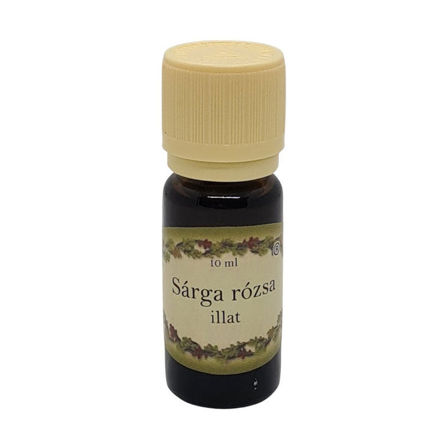 Sárga rózsa illatú illóolaj 10 ml barna üvegcsében, bézs kupakkal – virágos, frissítő aromaterápiás olaj.
