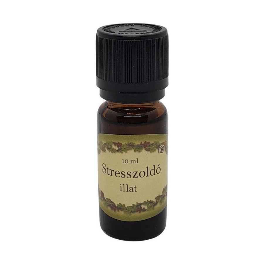Stresszoldó illatú illóolaj 10 ml barna üvegcsében, fekete kupakkal – lágy, nyugtató, feszültségoldó aromaterápiás olaj.