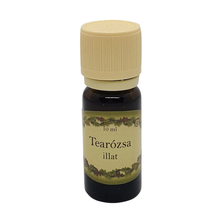 Tearózsa illatú illóolaj 10 ml barna üvegcsében, bézs kupakkal – nőies, lágy és nyugtató aromaterápiás illat.