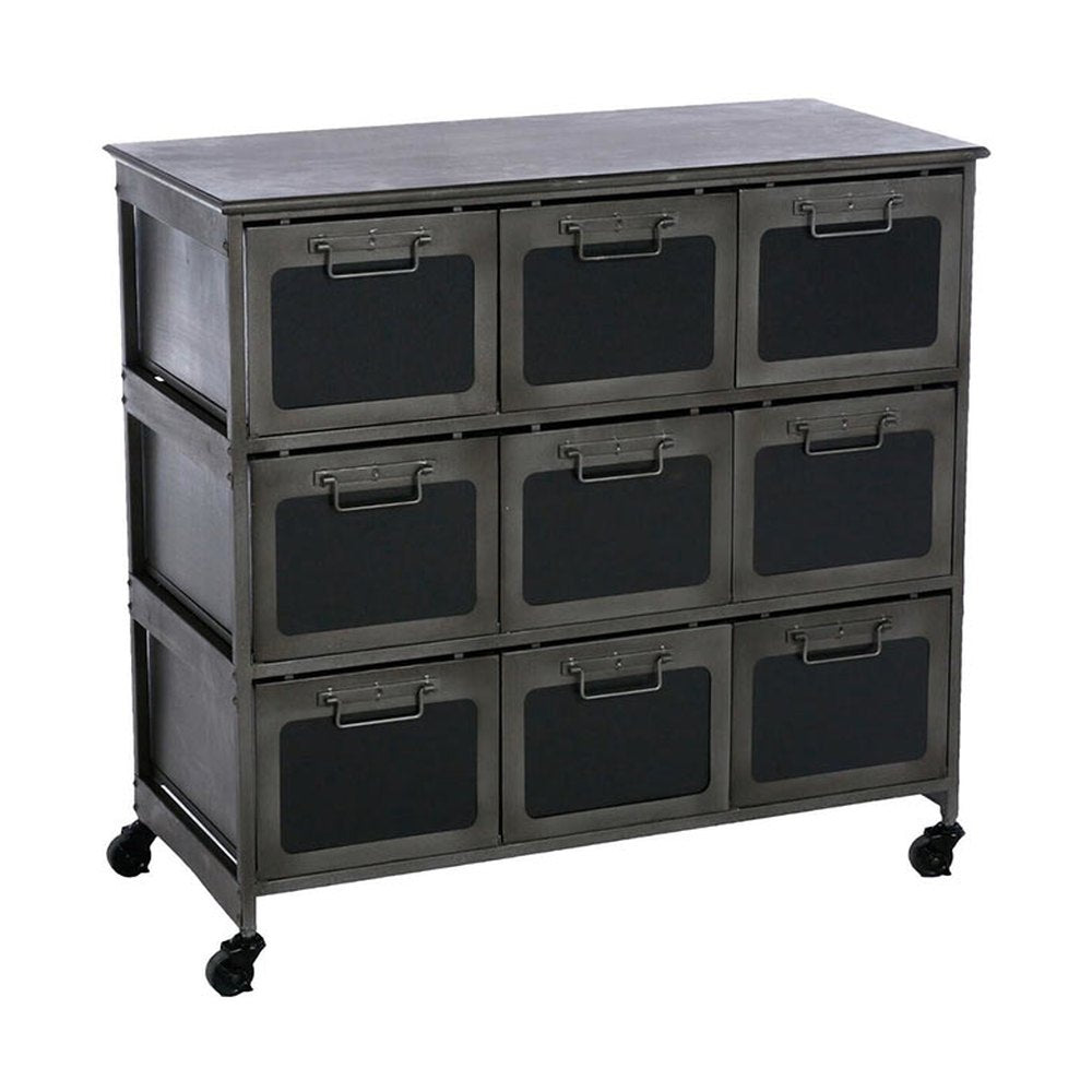 Ipari megjelenésű, 86 cm magas, sötétszürke színű fémből készült, 9 fiókos, gurítható industrial stílusú komód