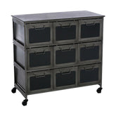 Ipari megjelenésű, 86 cm magas, sötétszürke színű fémből készült, 9 fiókos, gurítható industrial stílusú komód