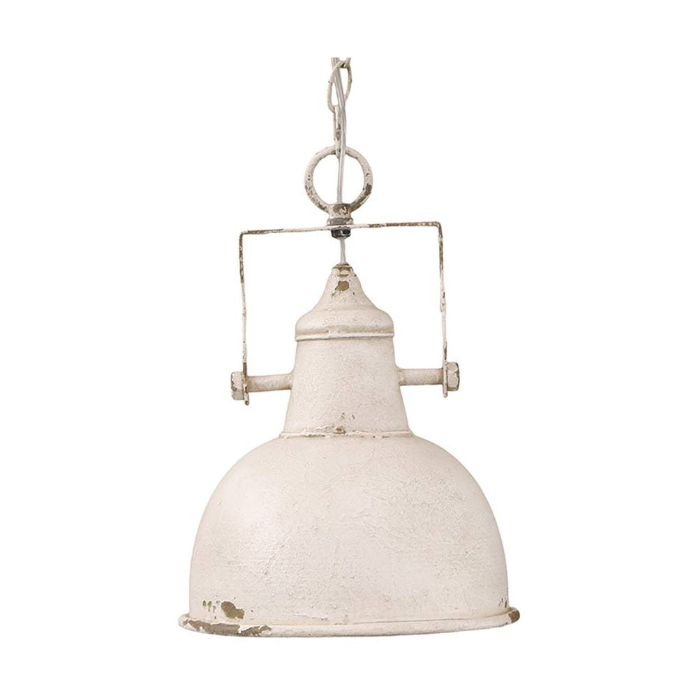 Ipari stílusú, antikolt krém színű, patinás felületű fém függeszték lámpa.