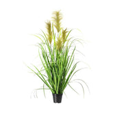 Zöld színű, natúr bugákkal rendelkező, 120 cm magas, mű japán díszfű bokor, fekete műanyag kaspóban.