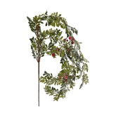 Élethű megjelenésű, fagyos felületű, karácsonyi csüngő bukszus ág piros bogyókkal és fenyőtobozokkal