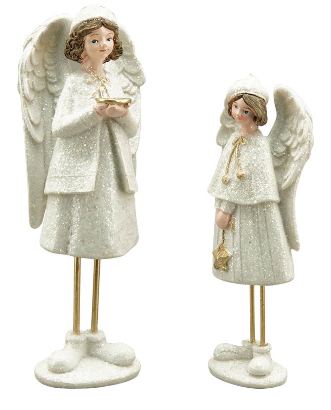 Fehér színű, glitteres felületű, 22 cm magas, sapkás karácsonyi angyalkák