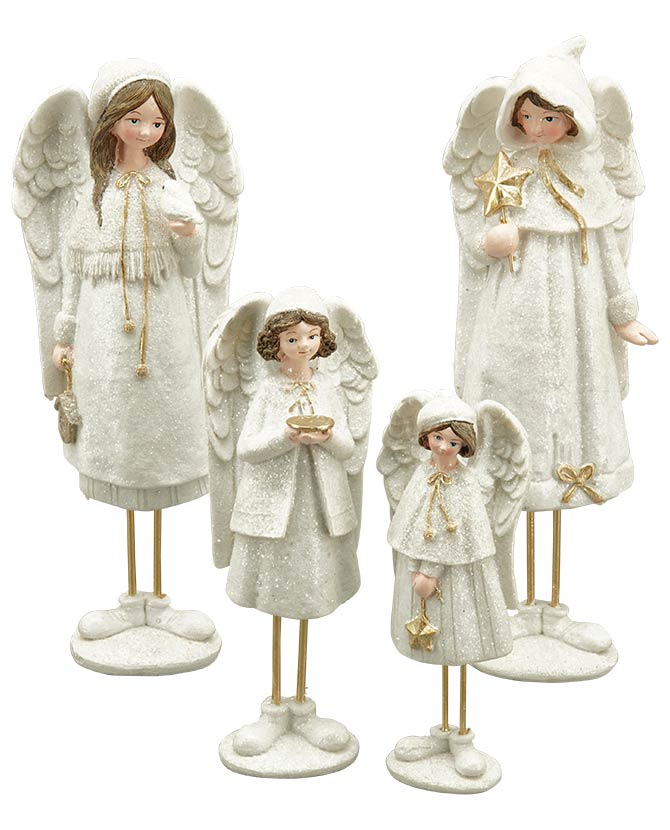 Fehér színű, glitteres felületű, 22 cm magas, sapkás karácsonyi angyalkák