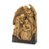 Antikolt felületű, fa hatású, 48 cm magas, szoborszerű karácsonyi betlehem.