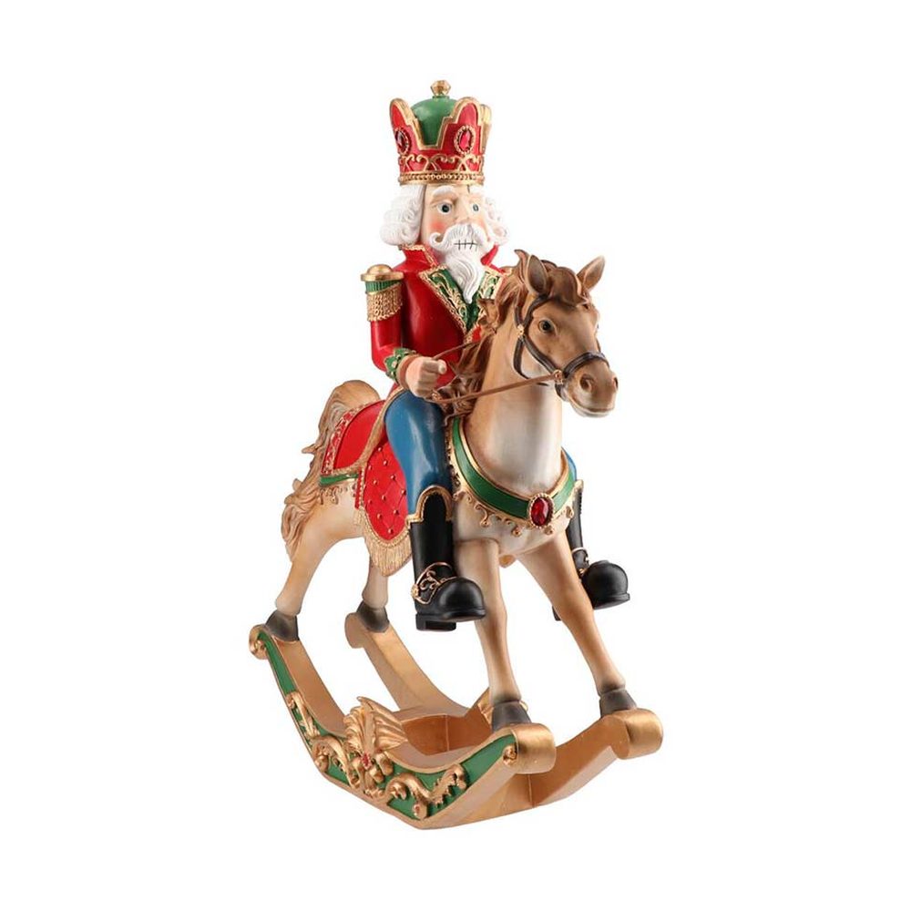 Klasszikus stílusú, nagyméretű, 34 cm hosszú és 45 cm magas, karácsonyi hintalovon ülő diótörő király.