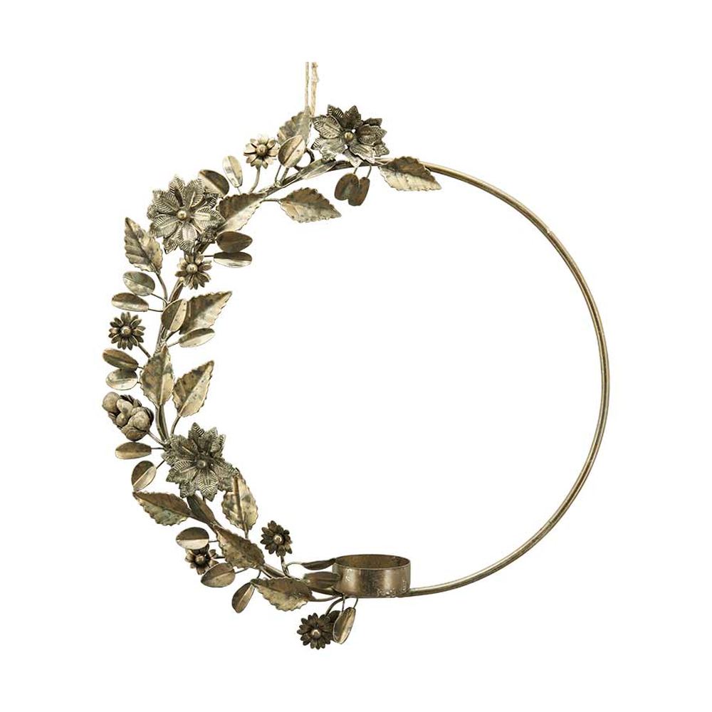 Vintage stílusú, antikolt felületű, fémvirágokkal díszített antik arany színű függeszthető karácsonyi gyertyatartó