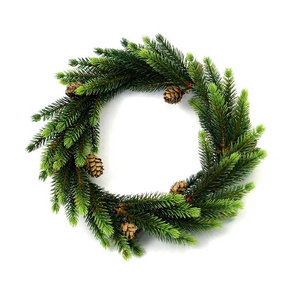 Apró fenyőtobozokkal díszített, élethű megjelenésű, mesterséges mű fenyőágakból készült ünnepi gyertyagyűrű koszorú.