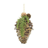 Fenyőággal és apró tobozokkal díszített, havas felületű, függeszthető karácsonyi toboz dísz.